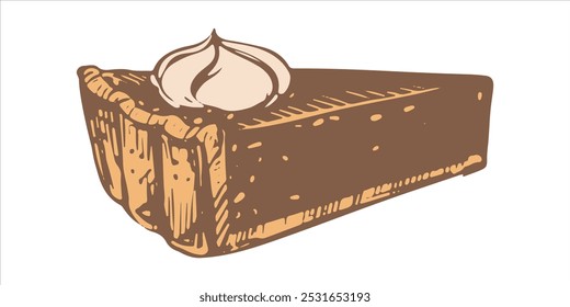 Autumn pumpkin pie with whipped cream. Traditional baking for Thanksgiving and Halloween. Vector illustration in hand sketch style. Line art ink drawing of a piece of pie.