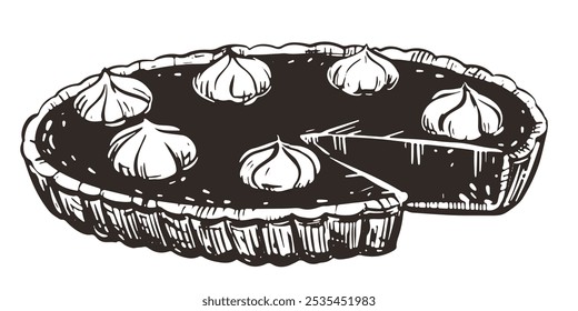 Autumn pumpkin pie with whipped cream. Traditional baking for Thanksgiving and Halloween. Vector illustration in hand-drawn sketch style. Line art in ink.