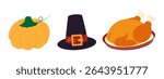 Autumn Pumpkin, Pilgrim Hat and Fried Turkey on plate Thanksgiving symbols Flat design Elements Set