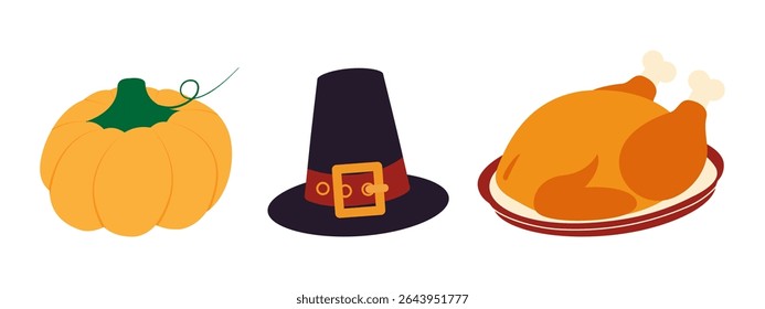 Autumn Pumpkin, Pilgrim Hat and Fried Turkey on plate Thanksgiving symbols Flat design Elements Set