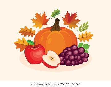 Autumn pumpkin, red grape, apple and colorful leaves vector illustration. Autumn crop and plant drawing. Autumn harvest icon set. Fall still life graphic design element