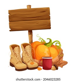 Autumn pumpkin in scarf, boots for walking or travel, cup of hot beverage, wooden signboard decorated with acorn and leaves in cartoon style isolated on white background. Fall print, seasonal decor.