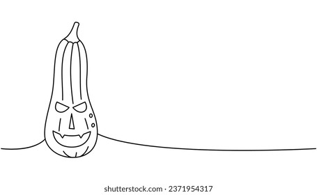 Autumn pumpkin with scary face, vegetable one line continuous drawing. Halloween pumpkin with scary face continuous one line illustration.