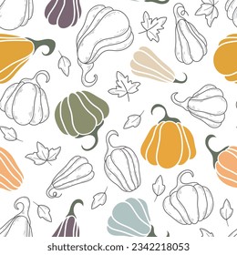 Autumn pumpkin seamless pattern. Background with pumpkins and leaves for Thanksgiving. Seasonal fall print for textile, packaging, design, vector illustration