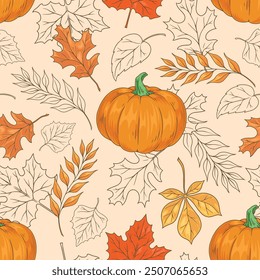 Autumn pumpkin seamless pattern colorful with twigs and petals of different shades for packaging seasonal october products vector illustration