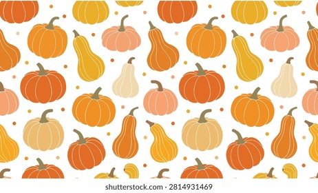 Autumn pumpkin seamless pattern. Fall harvest background with orange squash and gourds.