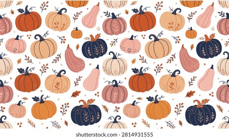 Autumn pumpkin seamless pattern. Fall harvest background with decorative squash and leaves. Autumn pumpkin seamless pattern. Fall harvest background with decorative squash and leaves.