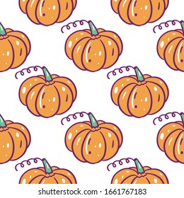 Autumn pumpkin seamless pattern. Hand drawn vector illustration. Isolated on white background. Cartoon style. Design for decor, cards, print, web, poster, banner, t-shirt