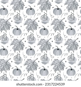 Herbstkürbis nahtloses Muster. Sketch-Doodle-Stil, handgezeichnet lineares Design. Die Farbpalette ist grau. Weißer Hintergrund. Vektorgrafik