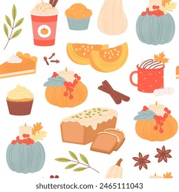 Patrón sin fisuras de calabaza de otoño. Comida sabrosa, bebidas y postres. Trozos de pastel, café con leche y decoraciones de calabazas. Fondo de Vector picante de otoño