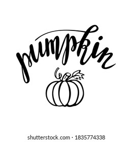 Autumn pumpkin season handdrawn lettering with doodle. Vector calligraphy illustration. Modern design element. Seasonal celebration. October and thanksgiving or halloween time.