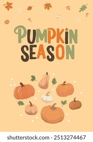 Autumn pumpkin season illustration with colorful pumpkins, leaves, and harvest-themed typography