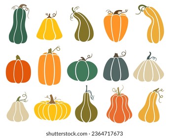 Autumn pumpkin set of different types and forms, flat illustration for Halloween and Thanksgiving. Suitable for fall decor, harvest festival, healthy food.