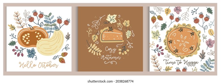 Autumn pumpkin set. Hello autumn pumpkin illustration. Colorful pumpkin flyer, cards. Harvest season template in flat hand drawn style. Hygge, cozy autumn. Pumpkin pie, thanksgiving time.