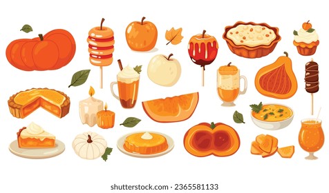 Autumn pumpkin set. Autumn mood. Piece of pumpkin pie, pumpkin, meringue, top view of the whole pie. Vector illustrated element.