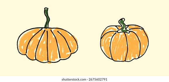 Autumn pumpkin with simple hand drawn sketch lines. Harvest, fall season. Concept of Thanksgiving vegetable, autumn holiday food, organic farm product. Flat vector illustration isolated on background.