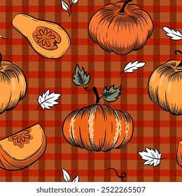 Autumn pumpkin sketch seamless pattern. Whole pumpkins of various shapes, piece of pumpkin, leaves on brown checkered background. Color  vector background for paper, packaging, fabric, agriculture.