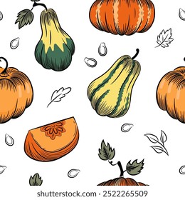 Autumn pumpkin sketch seamless pattern. Whole pumpkins of various shapes, piece of pumpkin, leaves and seeds. Color hand-drawn vector background for paper, packaging, fabric, agriculture.