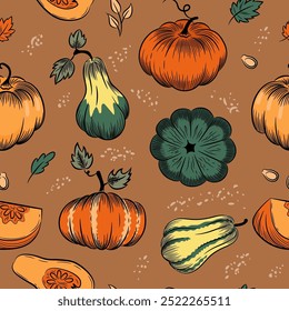 Autumn pumpkin sketch seamless pattern. Whole pumpkins of various shapes, piece of pumpkin, leaves and seeds. Color hand-drawn vector background for paper, packaging, fabric, agriculture.