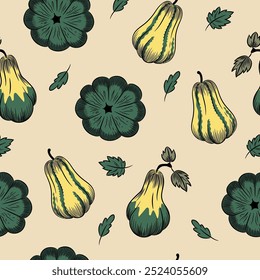 Autumn pumpkin sketch seamless pattern. Whole pumpkins of various shapes, leaves. Color hand-drawn vector background for paper, packaging, fabric, agriculture.