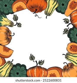 Autumn pumpkin sketch square frame. Thanksgiving greeting card template. Whole pumpkins of various shapes, piece of pumpkin, leaves and seeds. 