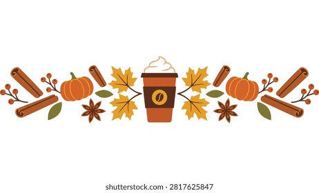 Autumn pumpkin spice coffee border. Fall seasonal beverage divider with leaves and cinnamon.