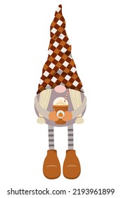 Autumn pumpkin spice gnome girl holding coffee cup with cream and straw. Isolated on white background. Fall holiday character.