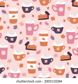 Autumn Pumpkin Spice Latte and Pumpkin Pie Seamless Pattern Background