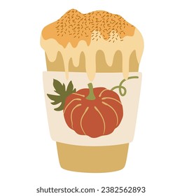 Autumn Pumpkin Spice latte with Whipped cream in paper cup with lid. Flat vector illustration isolated on white. Hot coffee to go. Fall season Warming sweet drink. Cartoon Takeaway cappuccino