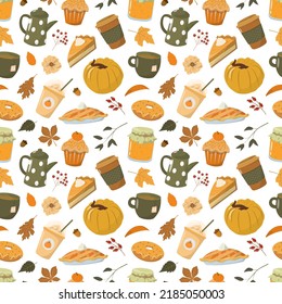 Autumn Pumpkin Spice Pattern. Fall Seasonal Food And Drinks. Isolated On White Background. Cute Orange Pumpkin, A Cup Of Coffee, Pumpkin Pie, Muffin, Leaves.