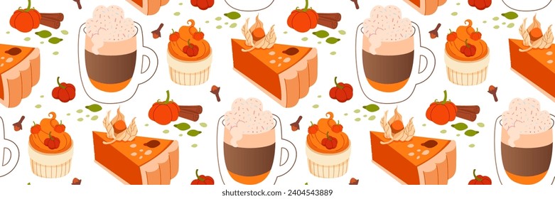 Autumn Pumpkin spice seamless pattern. Delicious winter pastries on white background. Autumn food and drinks. Collection of tasty sweet desserts. For fabric print wallpaper. Vector flat illustration.