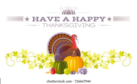 Autumn pumpkin turkey greeting card. Harvest festival poster. Fall party invitation border. Happy Thanksgiving day - american traditional family holiday, white background isolated, vector illustration