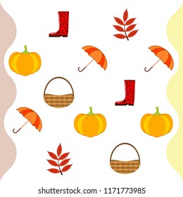 autumn pumpkin umbrella rubber boots fallen leaf basket autumnal vector background