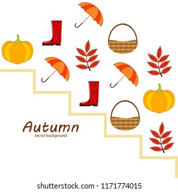 autumn pumpkin umbrella rubber boots fallen leaf basket autumnal vector background