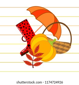 autumn pumpkin umbrella rubber boots fallen leaf basket autumnal vector background