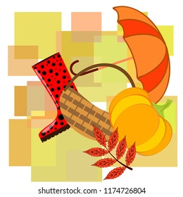 autumn pumpkin umbrella rubber boots fallen leaf basket autumnal vector background