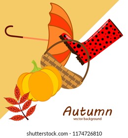 autumn pumpkin umbrella rubber boots fallen leaf basket autumnal vector background