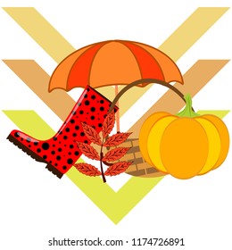 autumn pumpkin umbrella rubber boots fallen leaf basket autumnal vector background