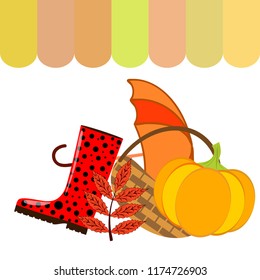 autumn pumpkin umbrella rubber boots fallen leaf basket autumnal vector background