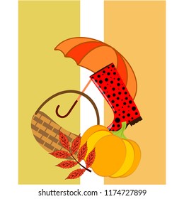 autumn pumpkin umbrella rubber boots fallen leaf basket autumnal vector background