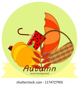 autumn pumpkin umbrella rubber boots fallen leaf basket autumnal vector background