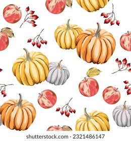 Calabazas otoñales, manzanas, bayas, fondo blanco. Patrón veloz. Ilustración de la temporada de otoño. Verduras y frutas