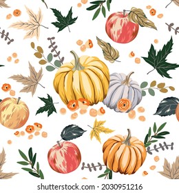 Autumn pumpkins, apples, maple leaves, white background. Vector seamless pattern. Fall season illustration. October harvest. Organic vegetable garden food. Nature design