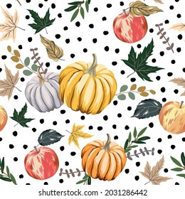 Autumn pumpkins, apples, maple leaves, polka dots, white background. Vector seamless pattern. Fall season illustration. October harvest. Organic vegetable garden food. Nature design