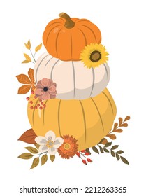 Autumn pumpkins arrangement. Orange, white, and yellow pumpkins with dry forest leaves and seasonal flowers, isolated on white background. Thanksgiving day card template.