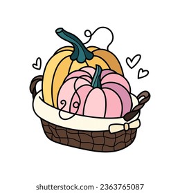 Autumn pumpkins in basket сute hand drawn illustration. Adorable kawaii composition. Vector cartoon flat clipart for seasonal greeting cards, stickers, packaging.