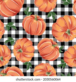 Autumn pumpkins with black and white gingham pattern. Perfect for fall, Thanksgiving, Halloween, holidays, fabric, textile. Seamless repeat swatch.