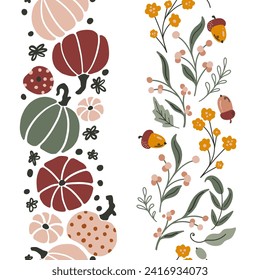 Autumn Pumpkins and Botanical Vector Seamless Vertical Borders Set