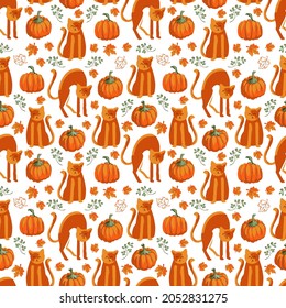 Autumn pumpkins, cats and leaves on a white background. Perfect for fall, Thanksgiving, Halloween, holidays, fabric, textile. Seamless repeat swatch.