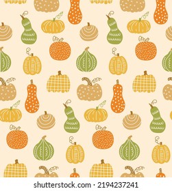 Calabazas otoñales coloridas y sin costuras patrón vectorial